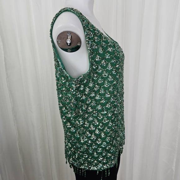 Vintage Cyn Les 100% wool green top sleeveless beaded sequin sweater festive - Picture 4 of 9